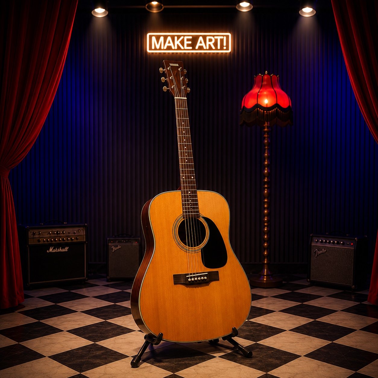 Sahne dekoru içinde akustik gitar