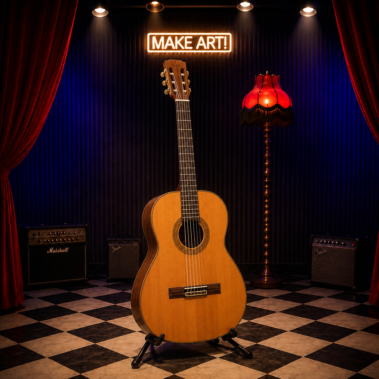 Sahne dekoru içinde klasik gitar